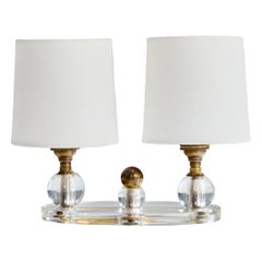 Lampe de table de designer français, laiton, verre, tissu, France, années 1940