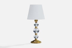 French Designer, Table Lamp, Brass, Glass, Fabric, France, 1950s