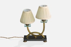 Diseñador francés, lámpara de mesa, latón, cristal, tela, ónix, Francia, década de 1950