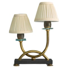 Diseñador francés, lámpara de mesa, latón, cristal, tela, ónix, Francia, década de 1950