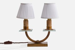 French Designer, Table Lamp, Brass, Glass, Metal, Fabric, France, 1950s