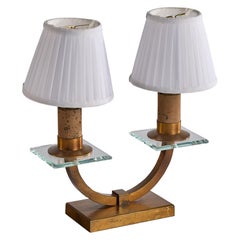 French Designer, Table Lamp, Brass, Glass, Metal, Fabric, France, 1950s