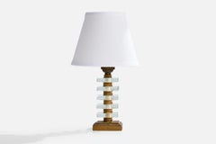 French Designer, Table Lamp, Brass, Glass, Metal, France, 1950s