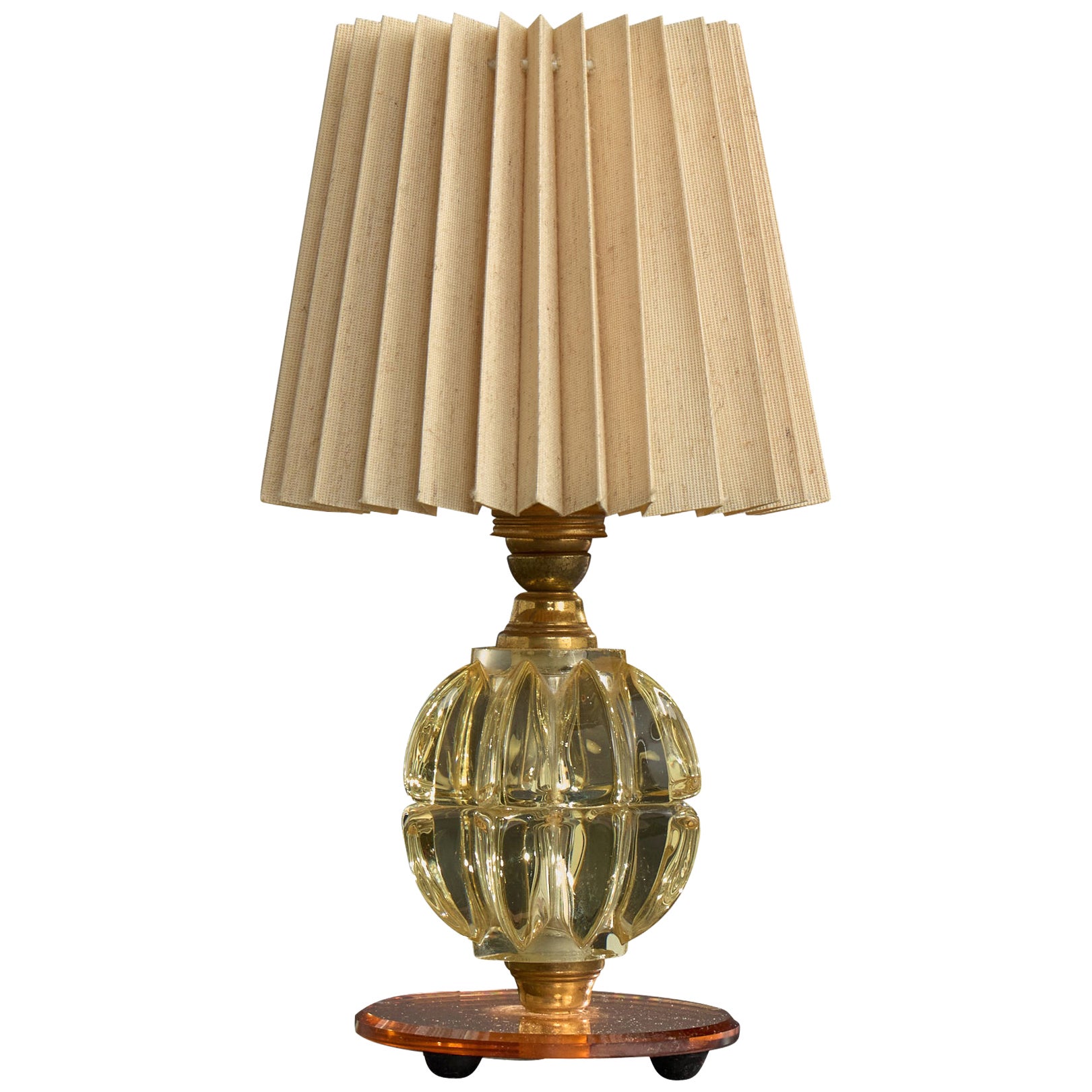 French Designer, Table Lamp, Brass, Glass, Mirror, Fabric, France, 1950s