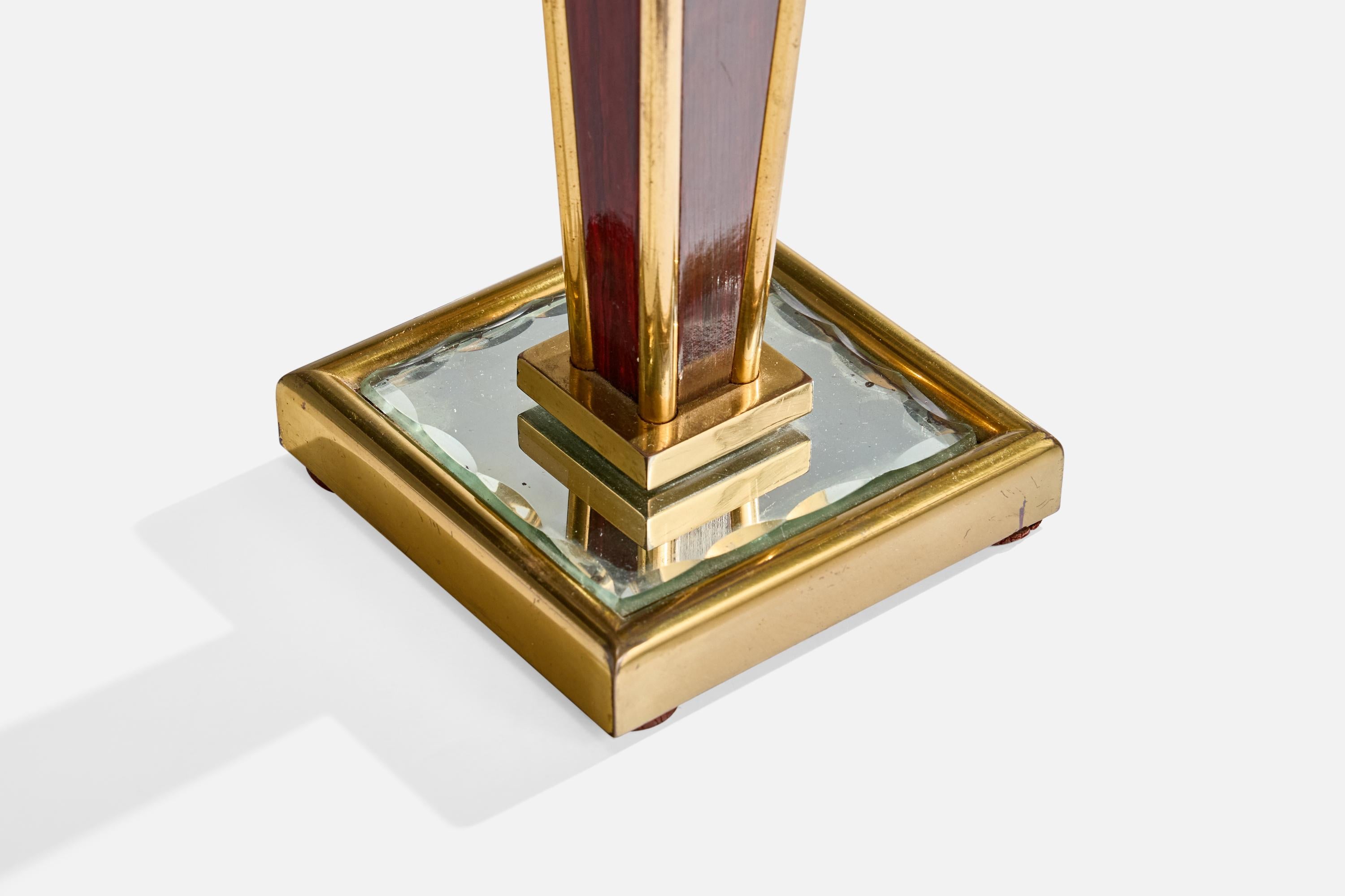 French Designer, Table Lamp, Brass, Glass, Wood, Fabric, France, 1940s For Sale 6