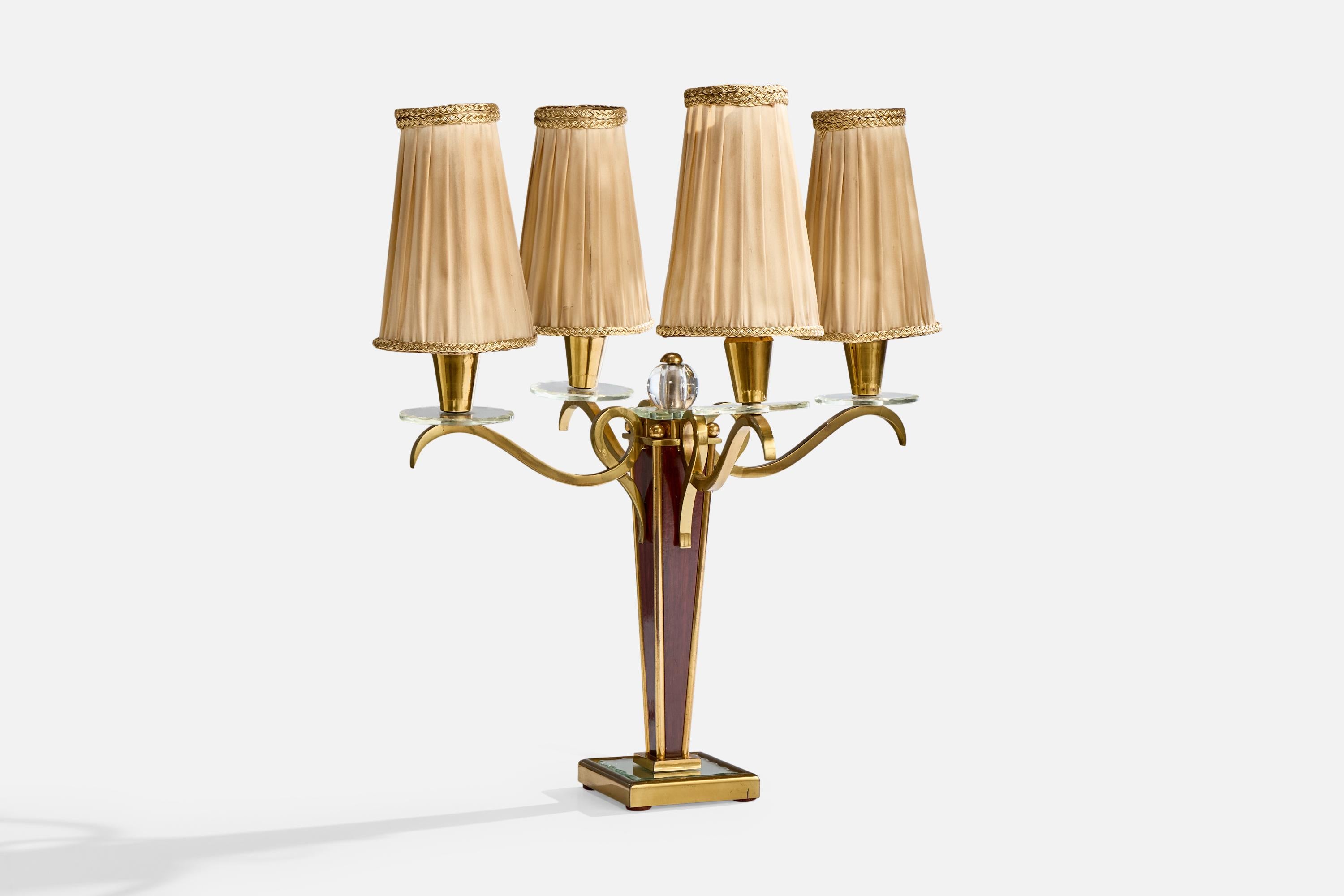 A brass, glass, mirror, and beige fabric table lamp designed and produced in France, c. 1940s.

Oxidation present to brass

Tear present to one of the vintage lampshades

Wear consistent with age and use

Overall Dimensions (inches): 21.25