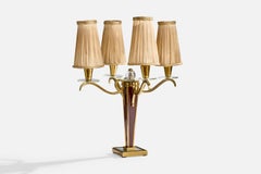 French Designer, Table Lamp, Brass, Glass, Wood, Fabric, France, 1940s