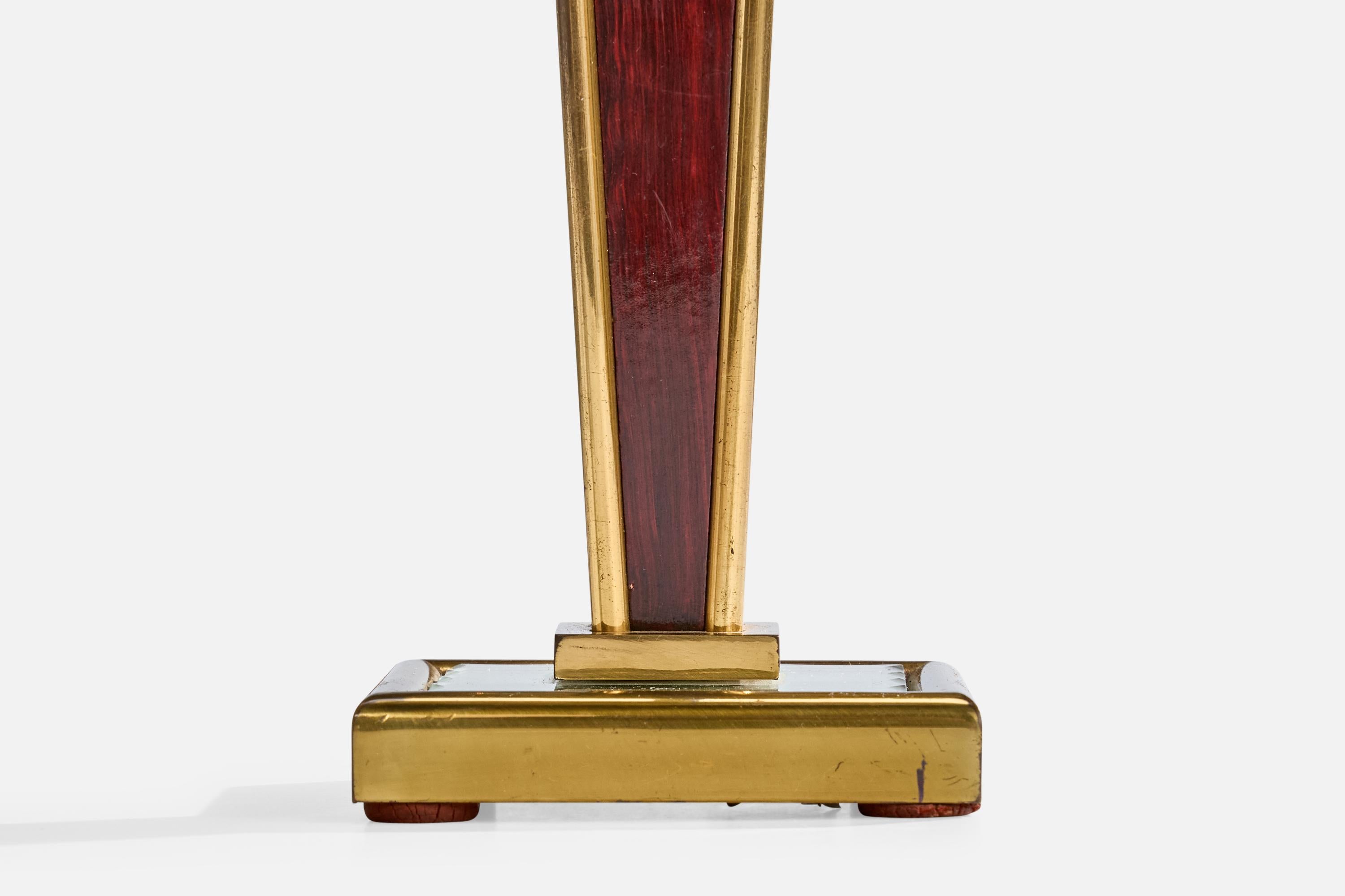 Mid-Century Modern French Designer, Table Lamp, Brass, Glass, Wood, Fabric, France, 1940s For Sale