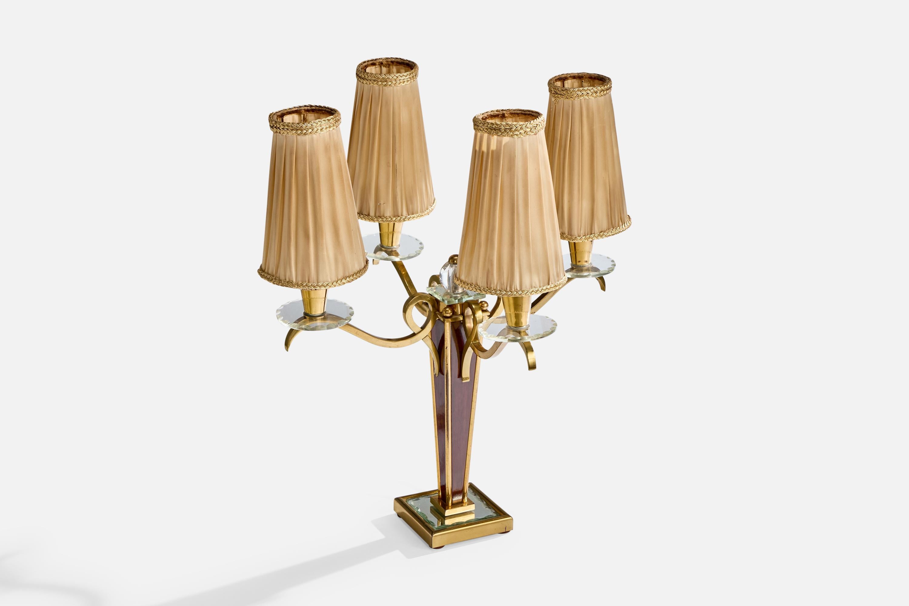 French Designer, Table Lamp, Brass, Glass, Wood, Fabric, France, 1940s In Good Condition For Sale In High Point, NC