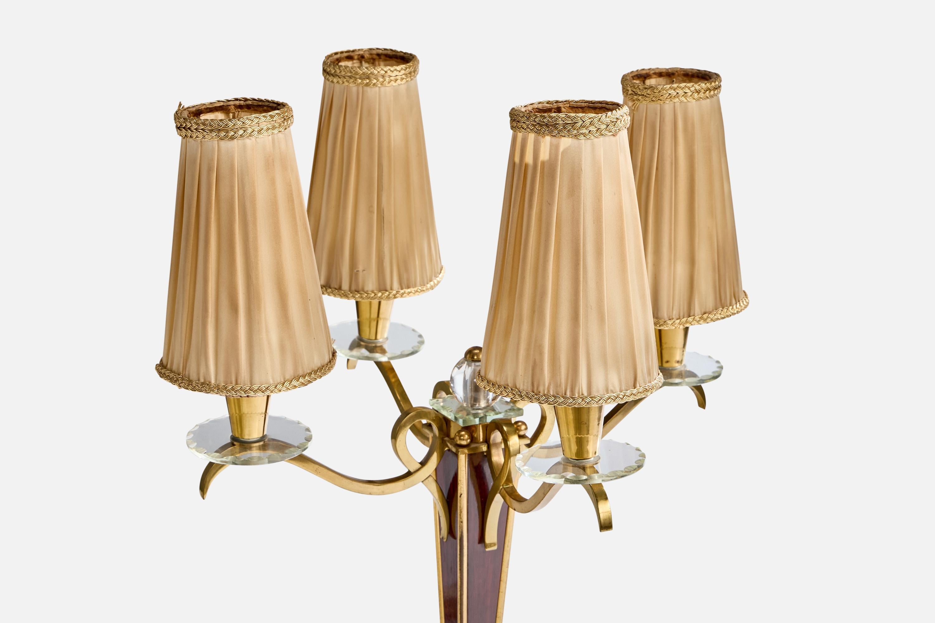 Mid-20th Century French Designer, Table Lamp, Brass, Glass, Wood, Fabric, France, 1940s For Sale