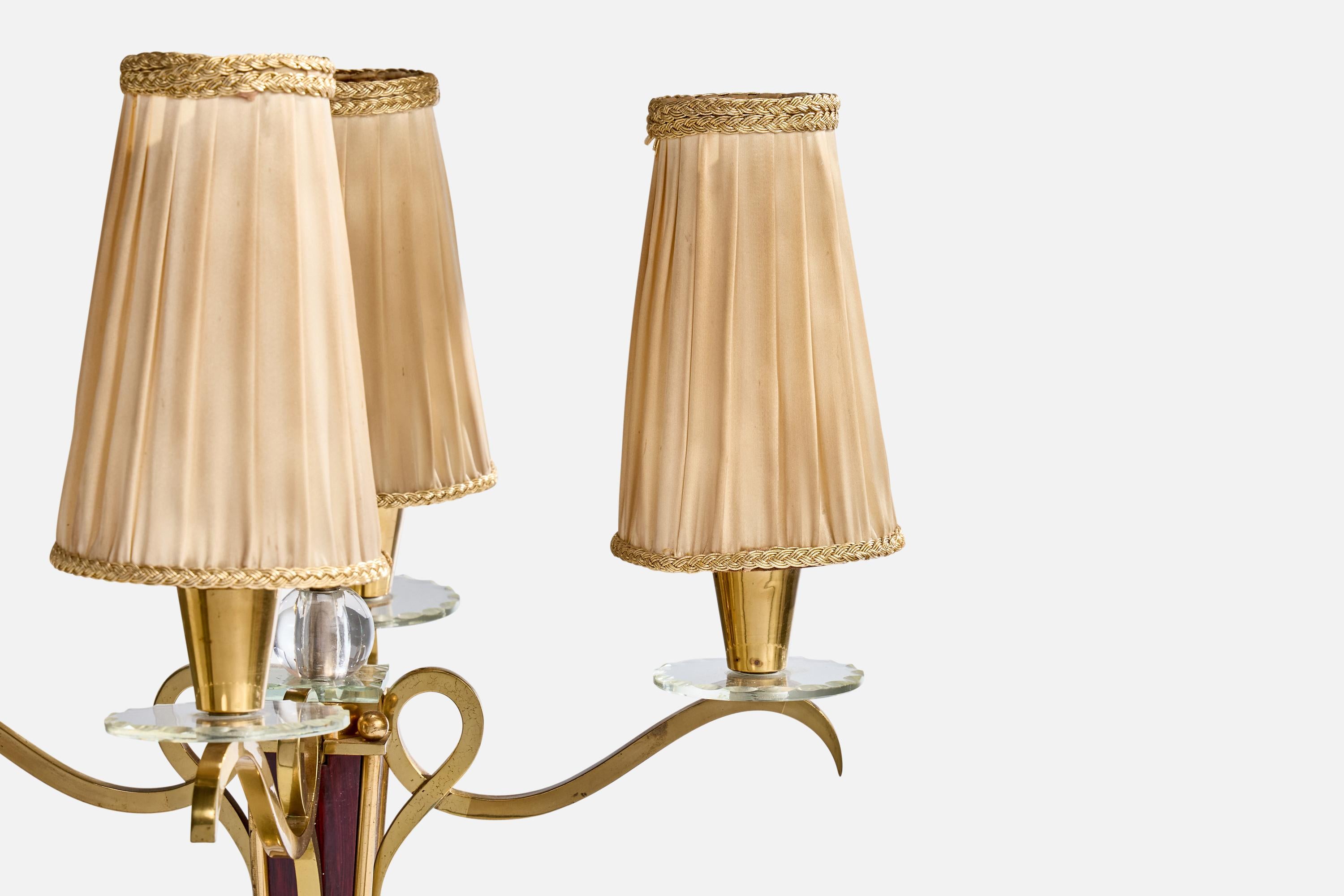 French Designer, Table Lamp, Brass, Glass, Wood, Fabric, France, 1940s For Sale 1