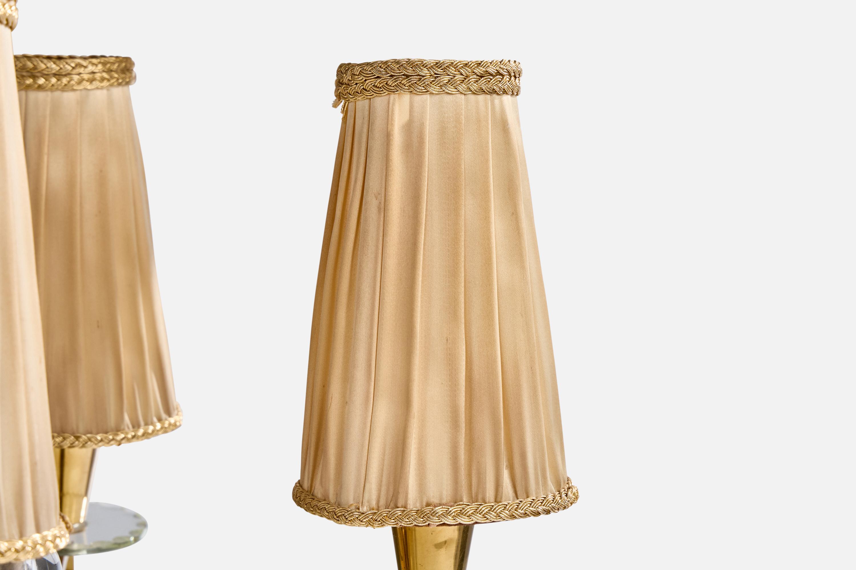 French Designer, Table Lamp, Brass, Glass, Wood, Fabric, France, 1940s For Sale 2