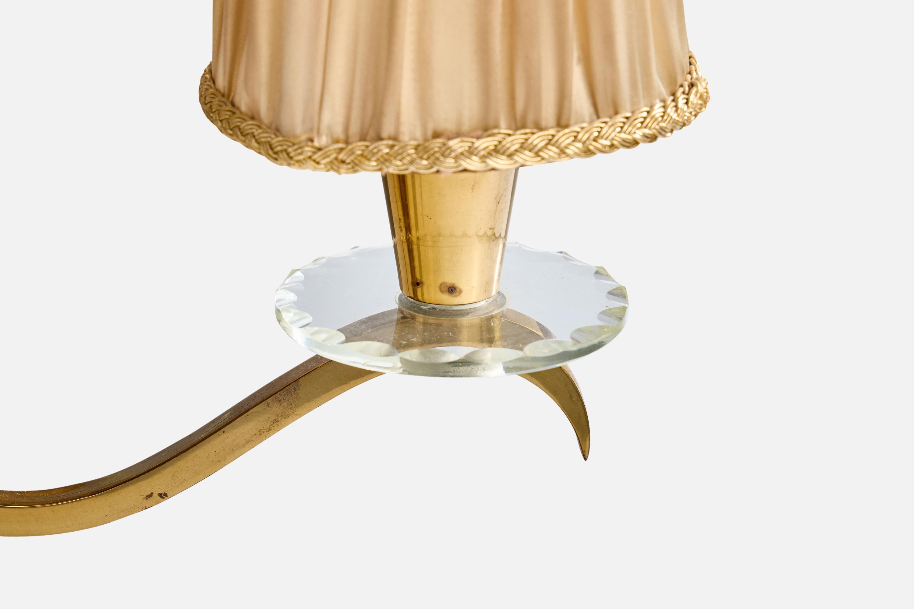 French Designer, Table Lamp, Brass, Glass, Wood, Fabric, France, 1940s For Sale 3