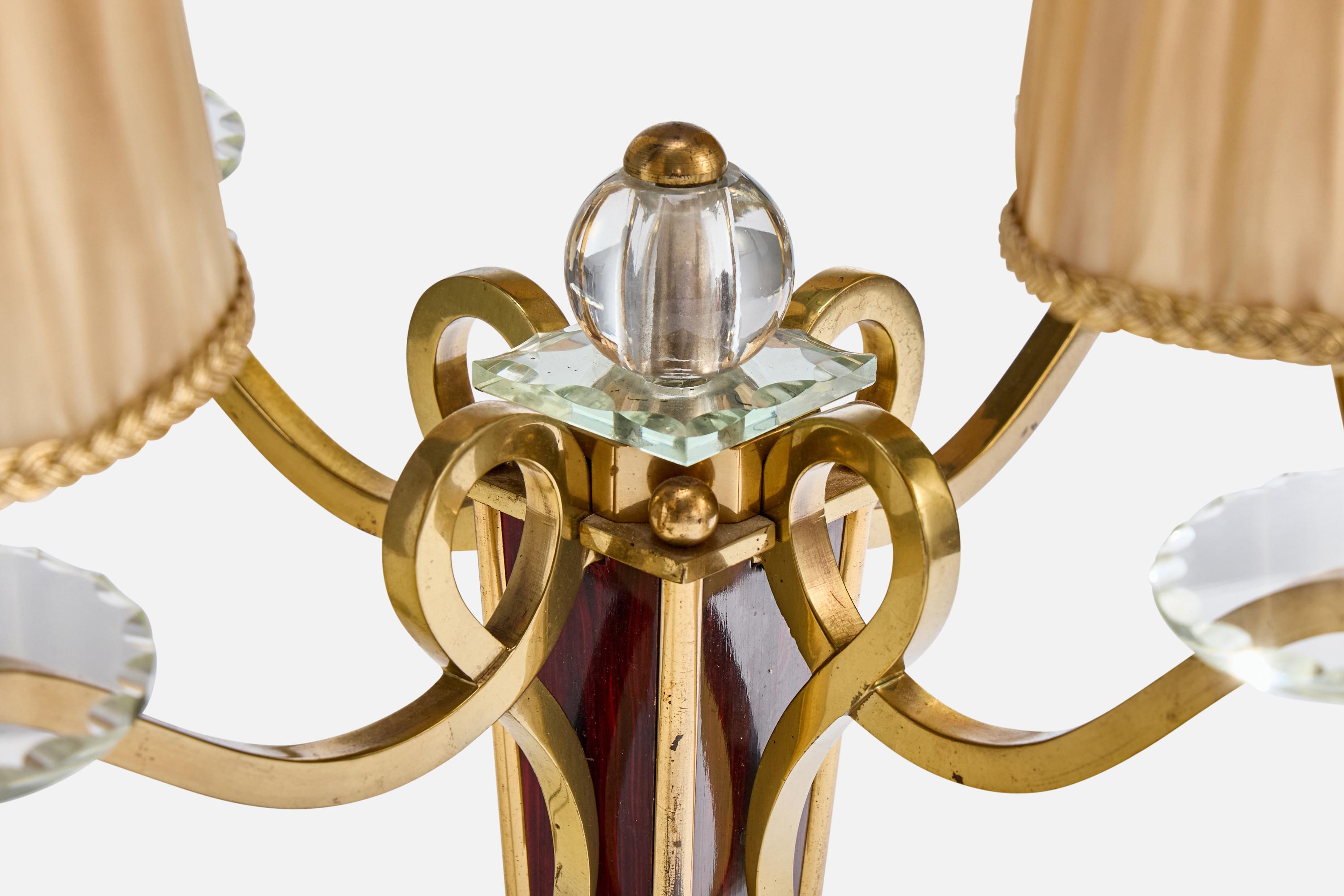 French Designer, Table Lamp, Brass, Glass, Wood, Fabric, France, 1940s For Sale 4