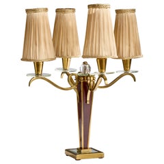 French Designer, Table Lamp, Brass, Glass, Wood, Fabric, France, 1940s