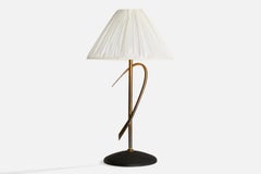 French Designer, Table Lamp, Brass, Metal, Fabric, France, 1950s