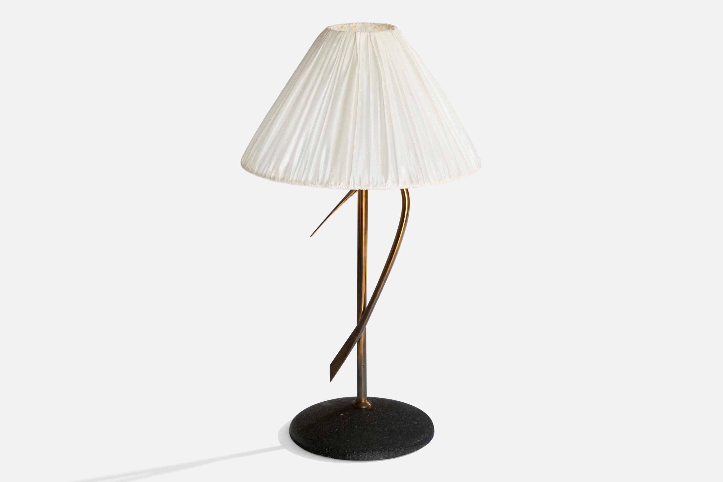 Mid-Century Modern French Designer, Table Lamp, Brass, Metal, Fabric, France, 1950s For Sale