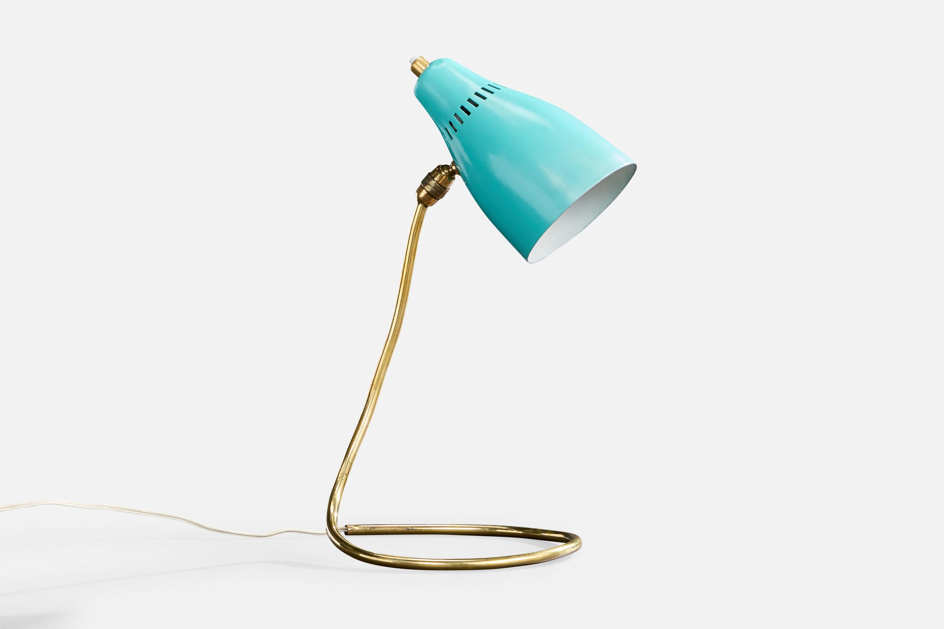 Lampe de table réglable en laiton et laqué bleu, conçue et produite en France, c.1950.

Dimensions de la lampe (pouces) : 12.625 