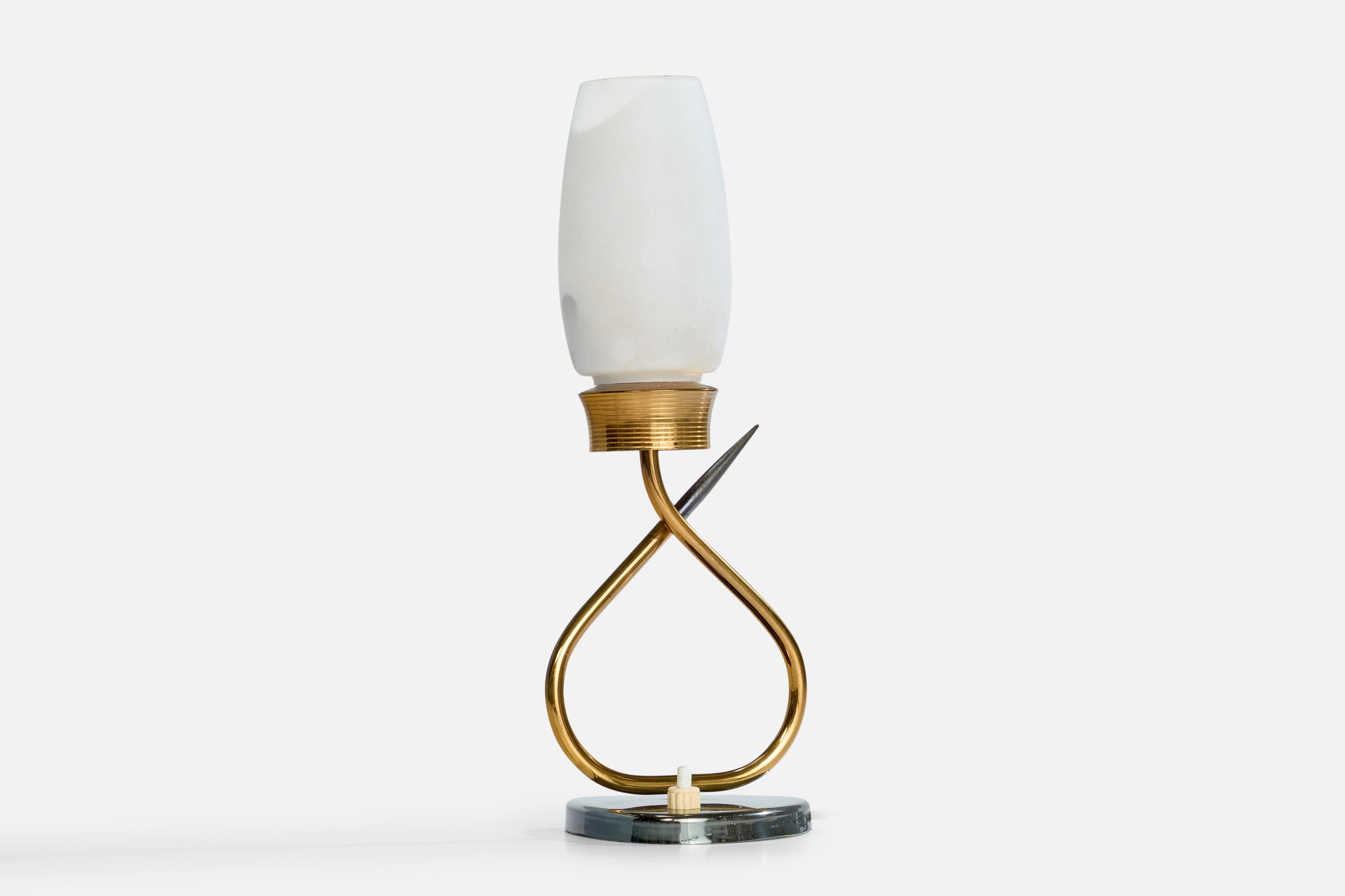 A brass, metal and white opaline glass table lamp designed and produced in France, c. 1950s.

Dimensions of Lamp with Shade (inches): 12“ H x 5.75” W x 4” D

Bulb Specifications: E-26 Bayonet

Number of Sockets (per fixture): 1

All lighting will be