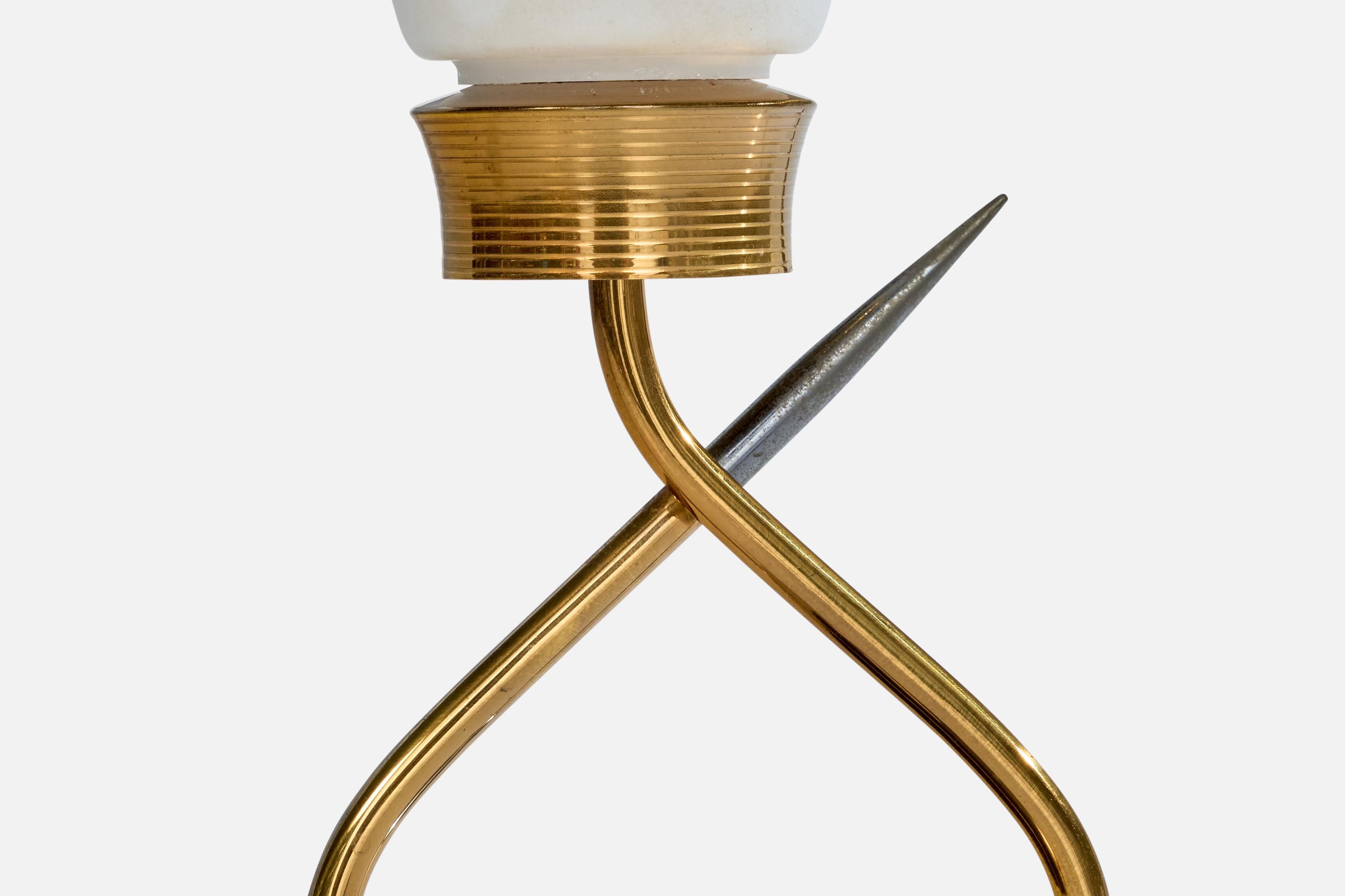 French Designer, Table Lamp, Brass, Metal, Glass, France, 1950s 2