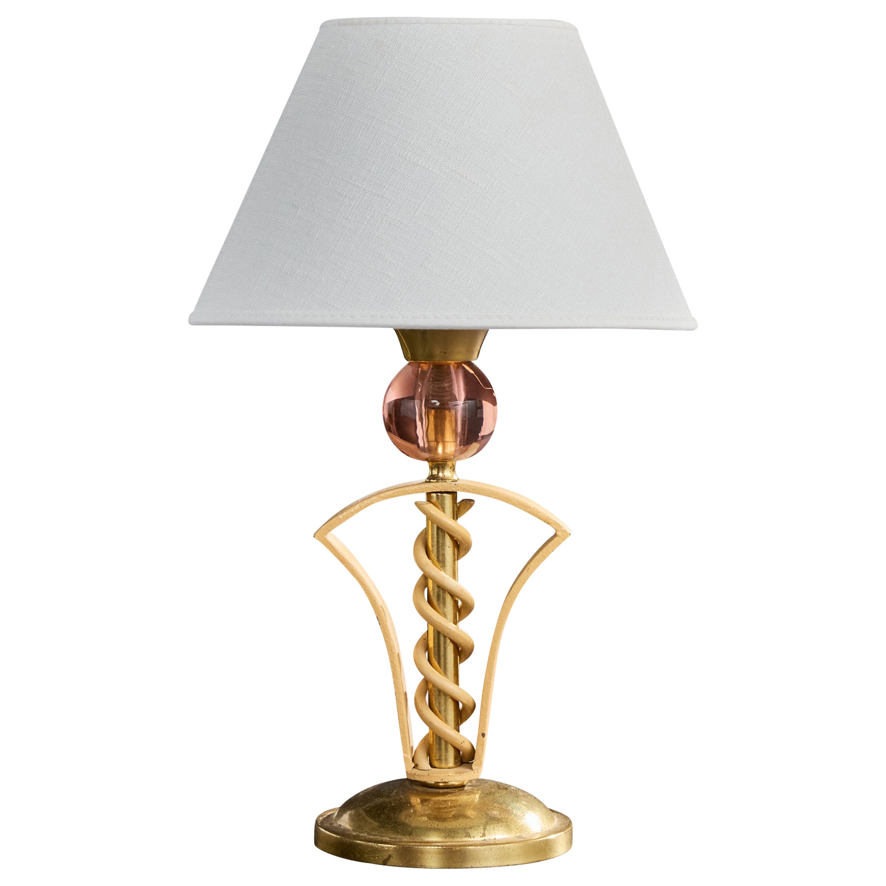 Französische Designerin, Tischlampe, Messing, Metall, Glas, Frankreich, 1950er Jahre