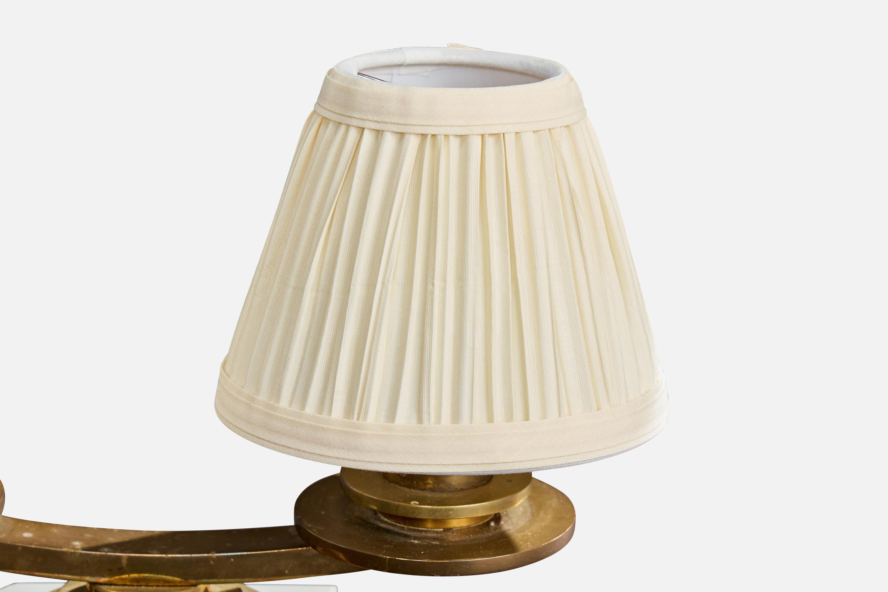Französischer Designer, Tischlampe, Messing, Onyx, Stoff, Frankreich, 1930er Jahre (Mitte des 20. Jahrhunderts) im Angebot