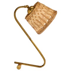 French Designer, Table Lamp, Brass, Rattan, France, 1950s