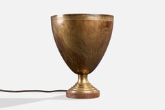 French Designer, Table Lamp, Brass, Wood, France, 1940s