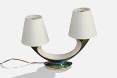 French Designer, Table Lamp, Ceramic, Brass, Fabric, France, 1950s