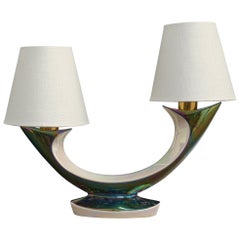 French Designer, Table Lamp, Ceramic, Brass, Fabric, France, 1950s