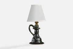 French Designer, Table Lamp, Ceramic, Brass, Fabric, France, 1960s