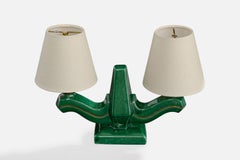 Lampe de table de designer français, céramique, laiton, tissu, France, années 1960