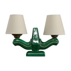 Lampe de table de designer français, céramique, laiton, tissu, France, années 1960