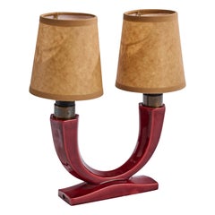 French Designer, Table Lamp, Ceramic, Brass, Parchment, France, 1960s