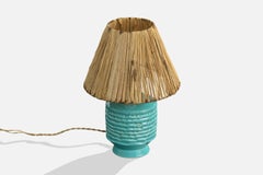 Lampe de table de designer français, céramique, laiton, jonc, France, années 1960