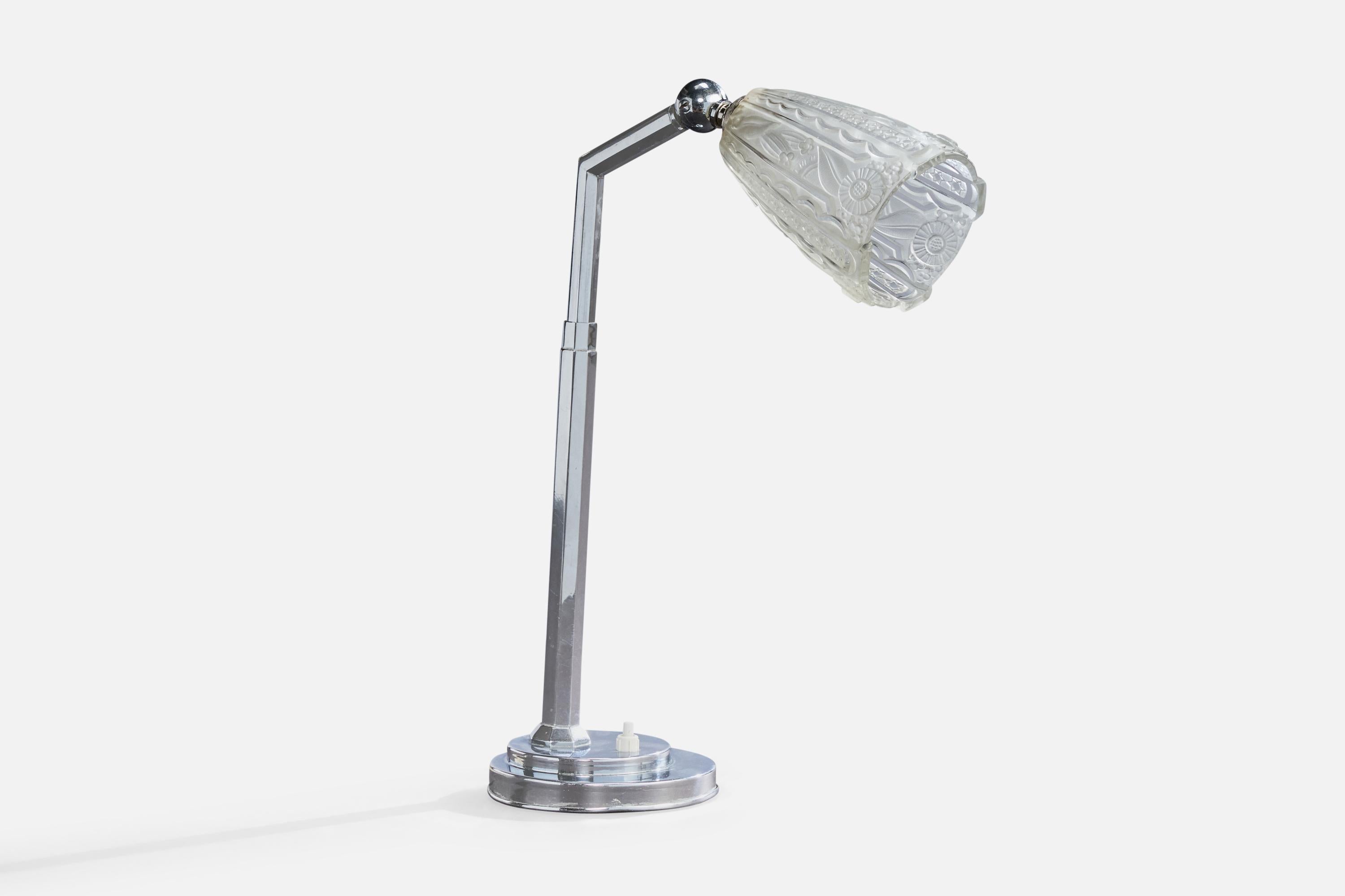 Diseñador francés, Lámpara de mesa, Cromo, Cristal, Francia, Años 1930 Moderno de mediados de siglo en venta