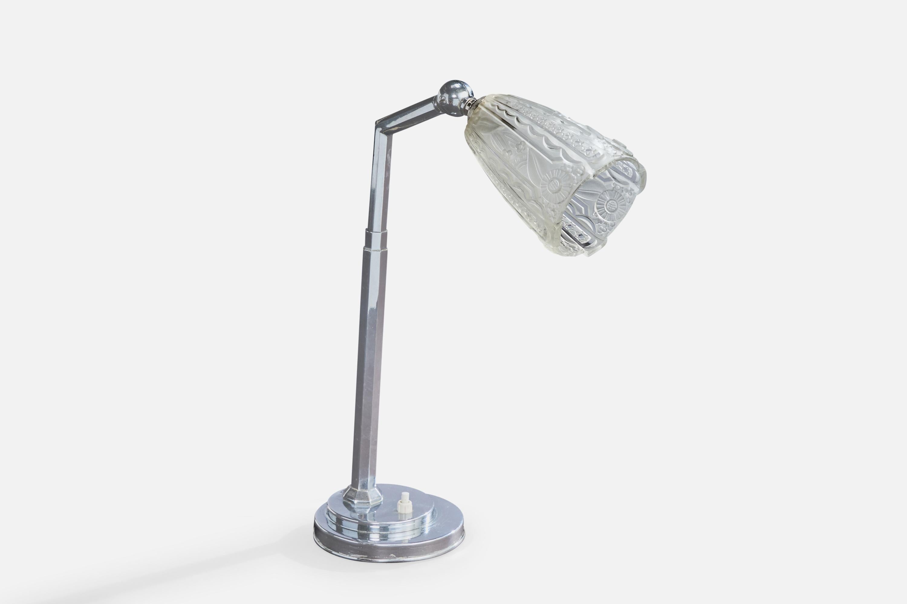 Diseñador francés, Lámpara de mesa, Cromo, Cristal, Francia, Años 1930 Francés en venta