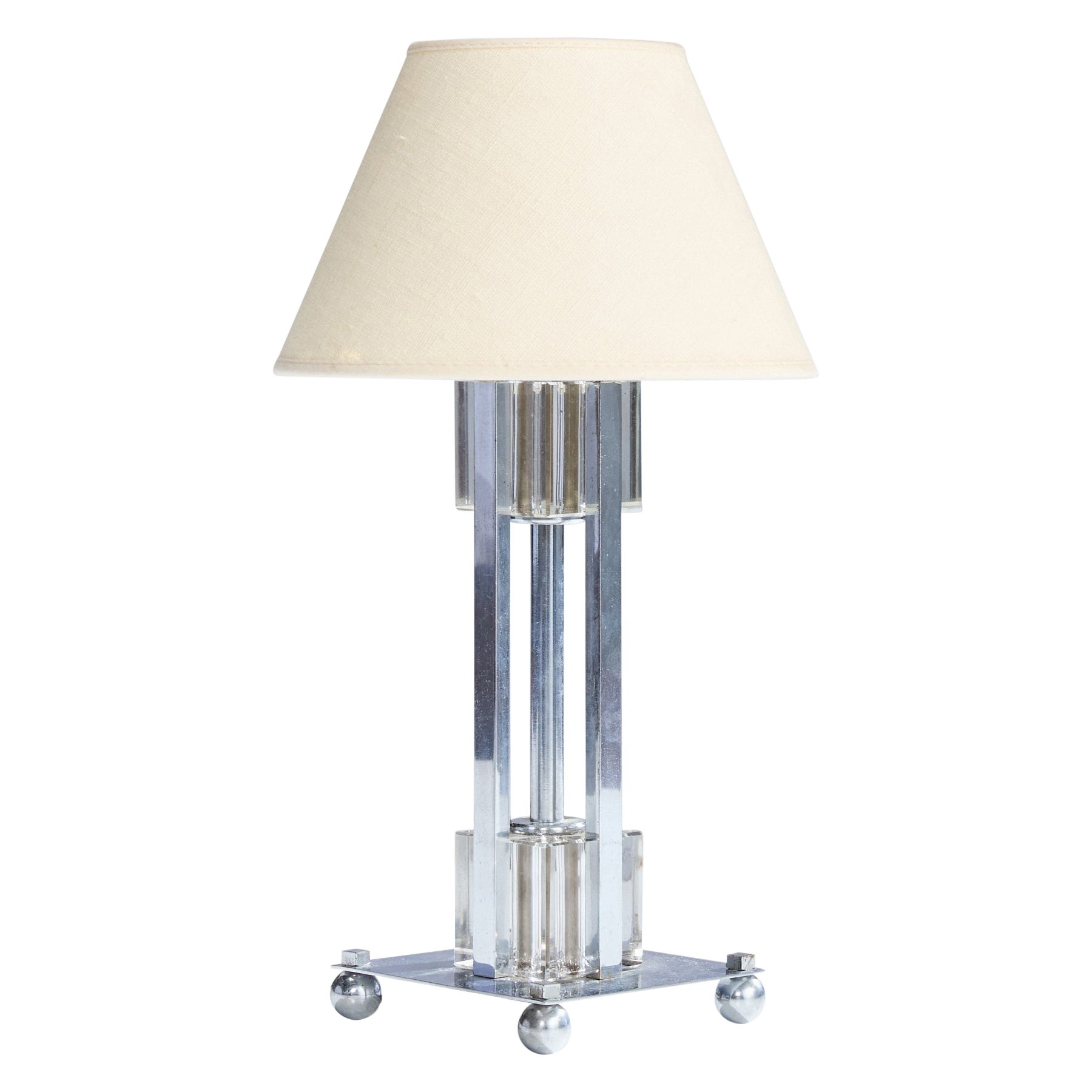 Lampe de table de designer français, chrome, verre, France, années 1950
