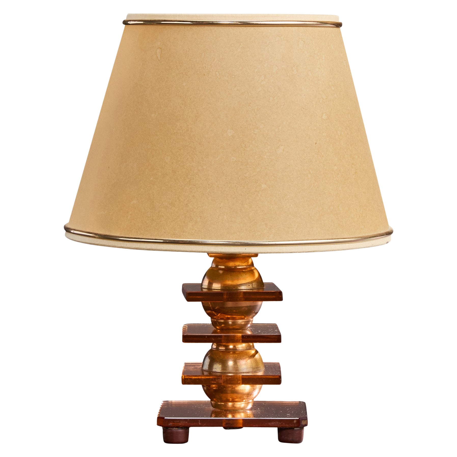 Lampe de table de designer français, cuivre, verre, papier, France, années 1950