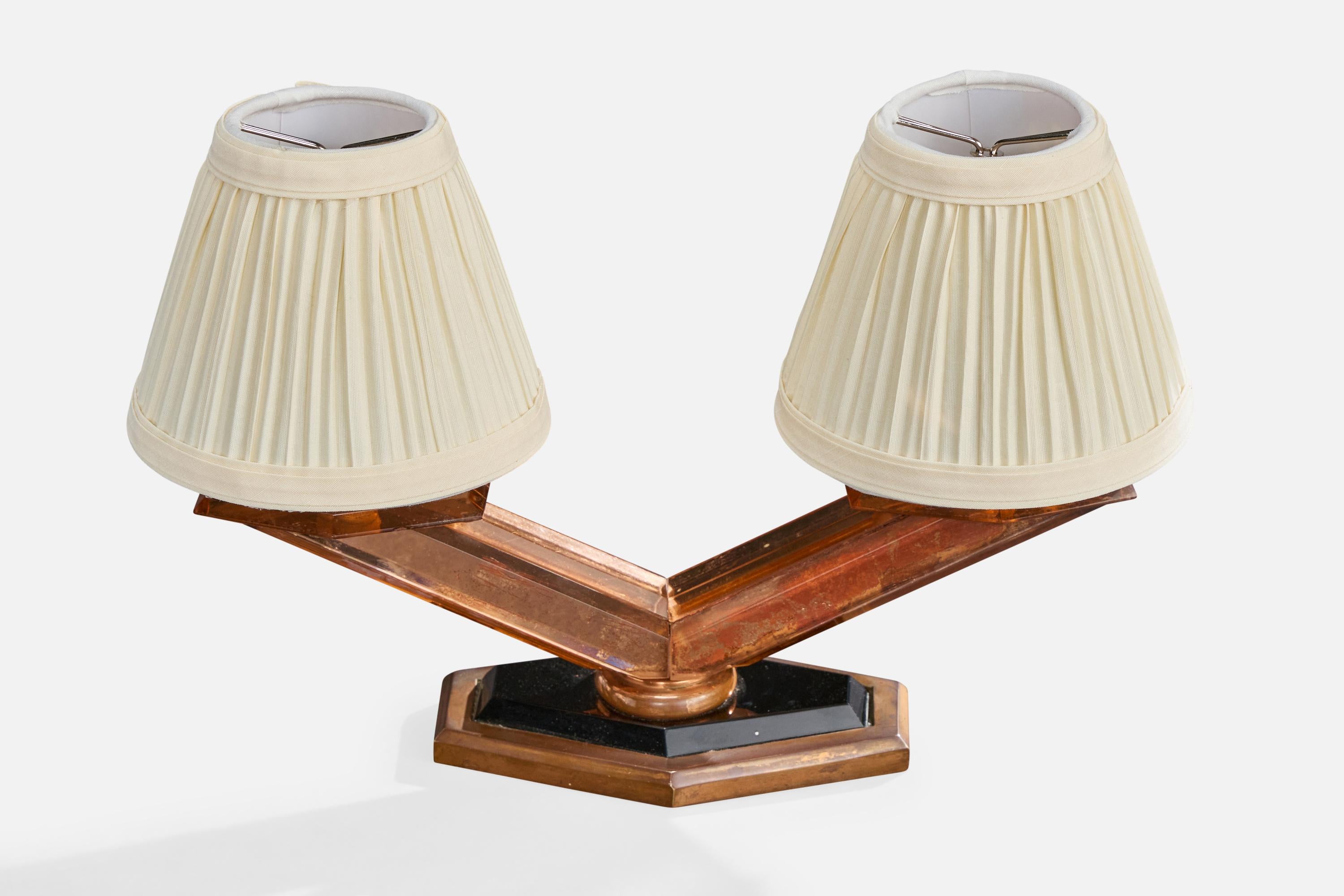 Mid-Century Modern French Designer, Table Lamp, Copper, Resin, Fabric, France, 1950s For Sale