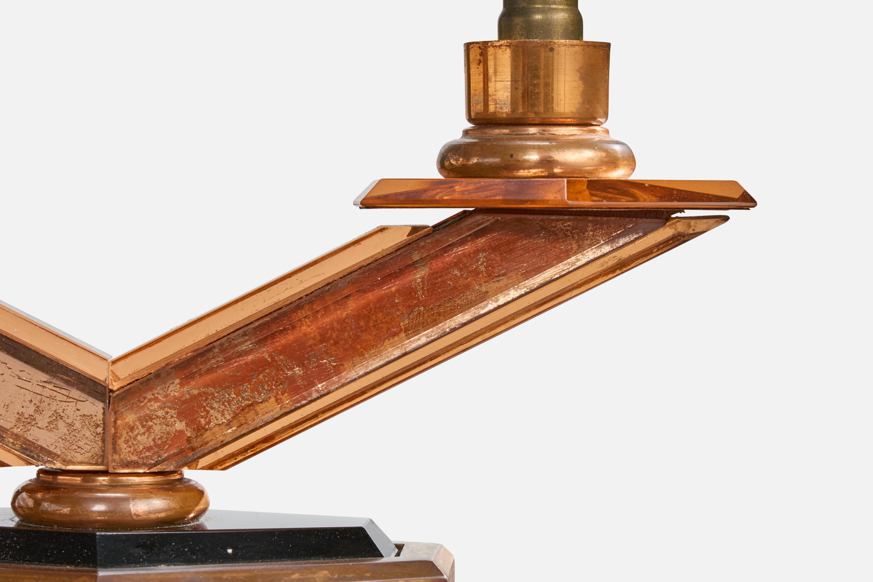 French Designer, Table Lamp, Copper, Resin, Fabric, France, 1950s For Sale 2