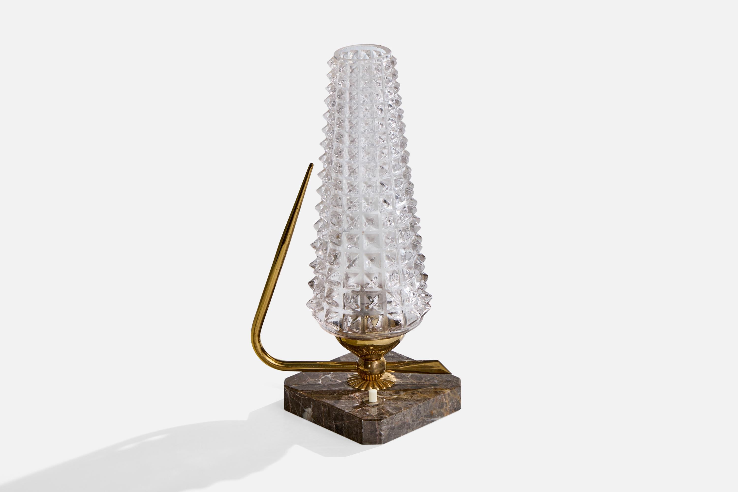 Französischer Designer, Tischlampe, Glas, Messing, Marmor, Frankreich, 1950er Jahre (Moderne der Mitte des Jahrhunderts) im Angebot