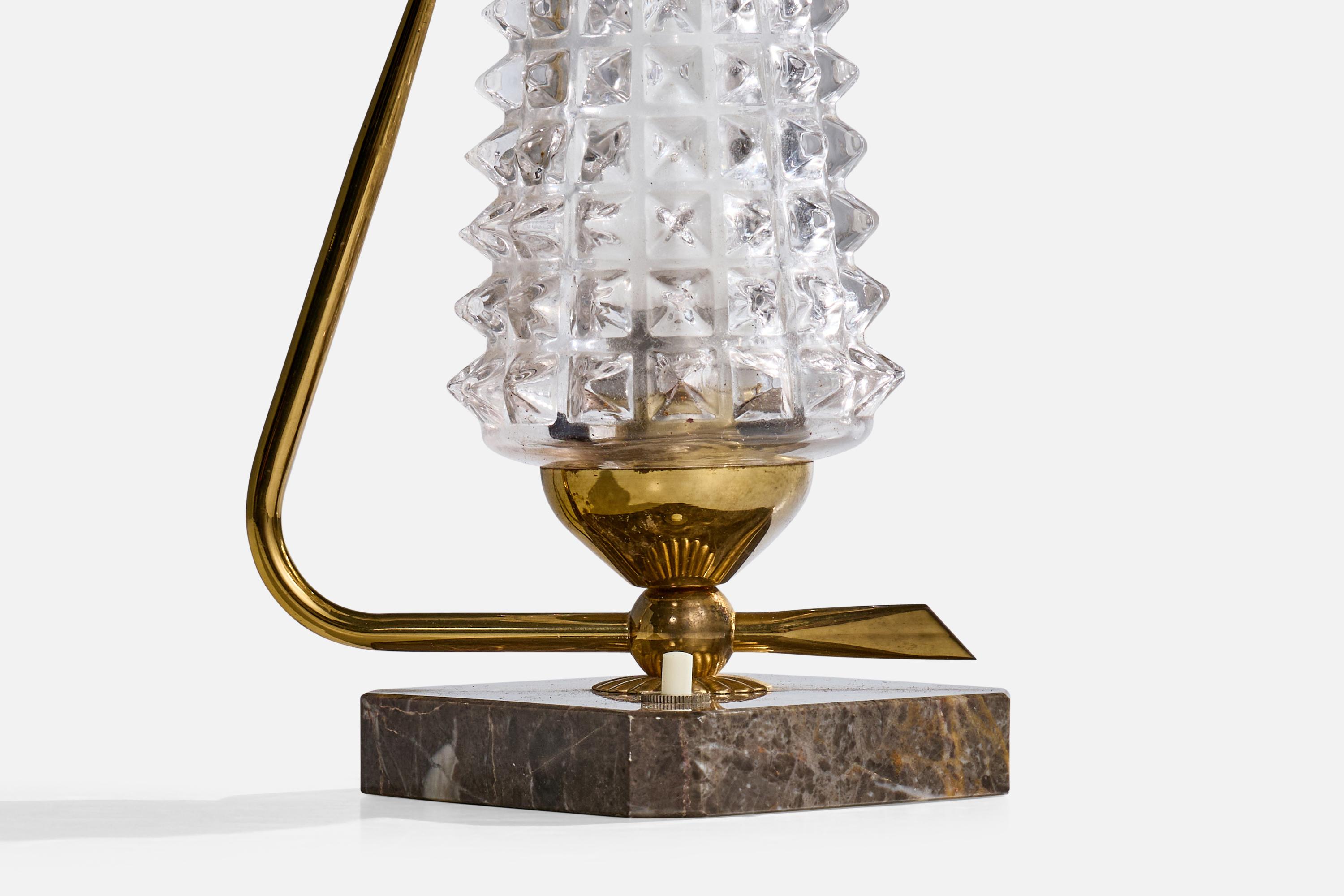 Französischer Designer, Tischlampe, Glas, Messing, Marmor, Frankreich, 1950er Jahre im Angebot 1