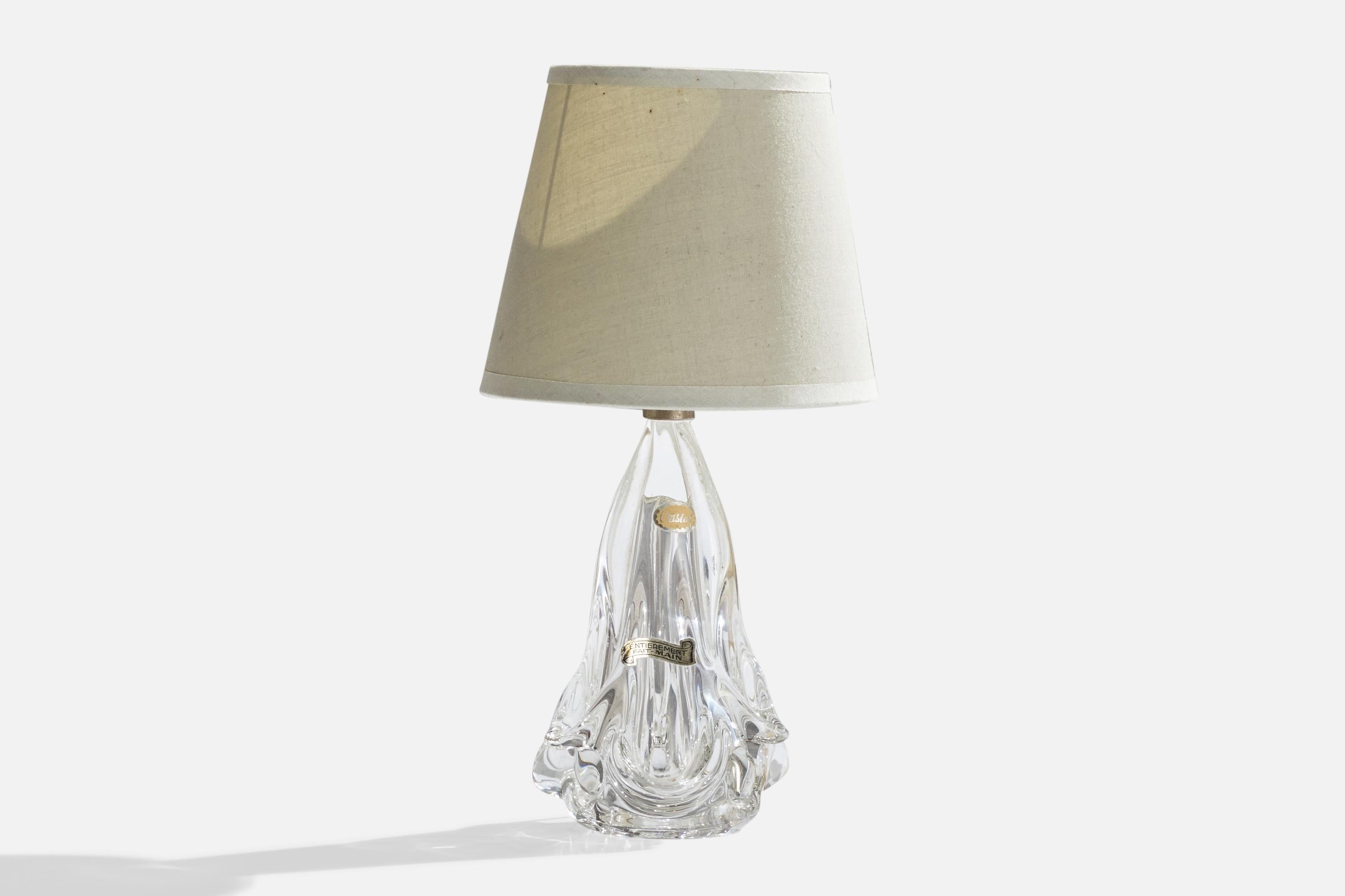 A freeform blown glass and off-white fabric table lamp designed and produced in France, c. 1940s.

Overall Dimensions (inches): 12.5” H x 6.75” D
Stated dimensions include shade.
Bulb Specifications: E-14 Bulb
Number of Sockets: 1
All lighting will