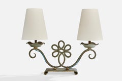 French Designer, Table Lamp, Iron, Fabric, France, 1950s