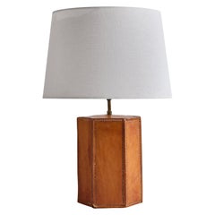 French Designer, Table Lamp, Leather, Brass, France, 1950s