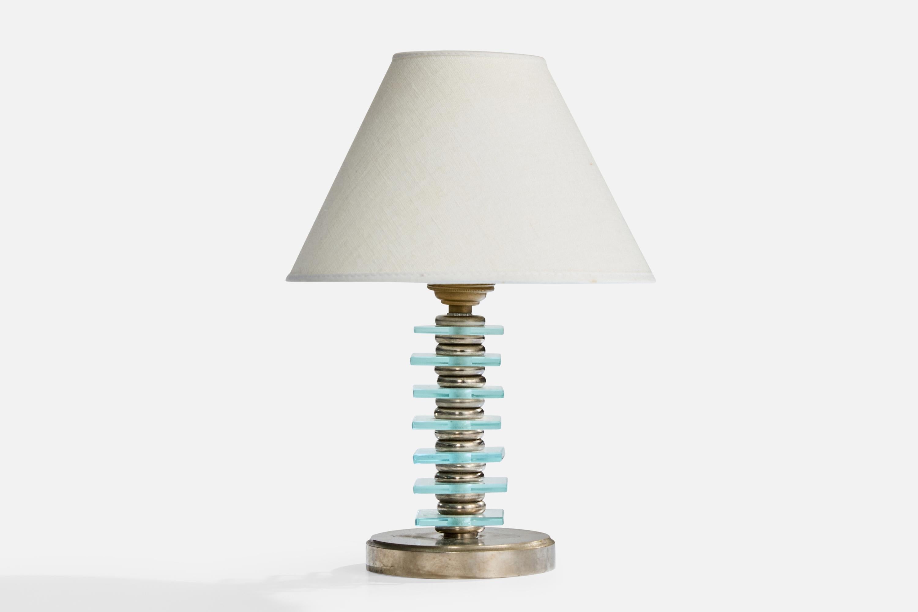 Tischlampe aus Metall und Glas, entworfen und hergestellt in Frankreich, ca. 1950er Jahre.

Abmessungen der Lampe (Zoll): 7,3 