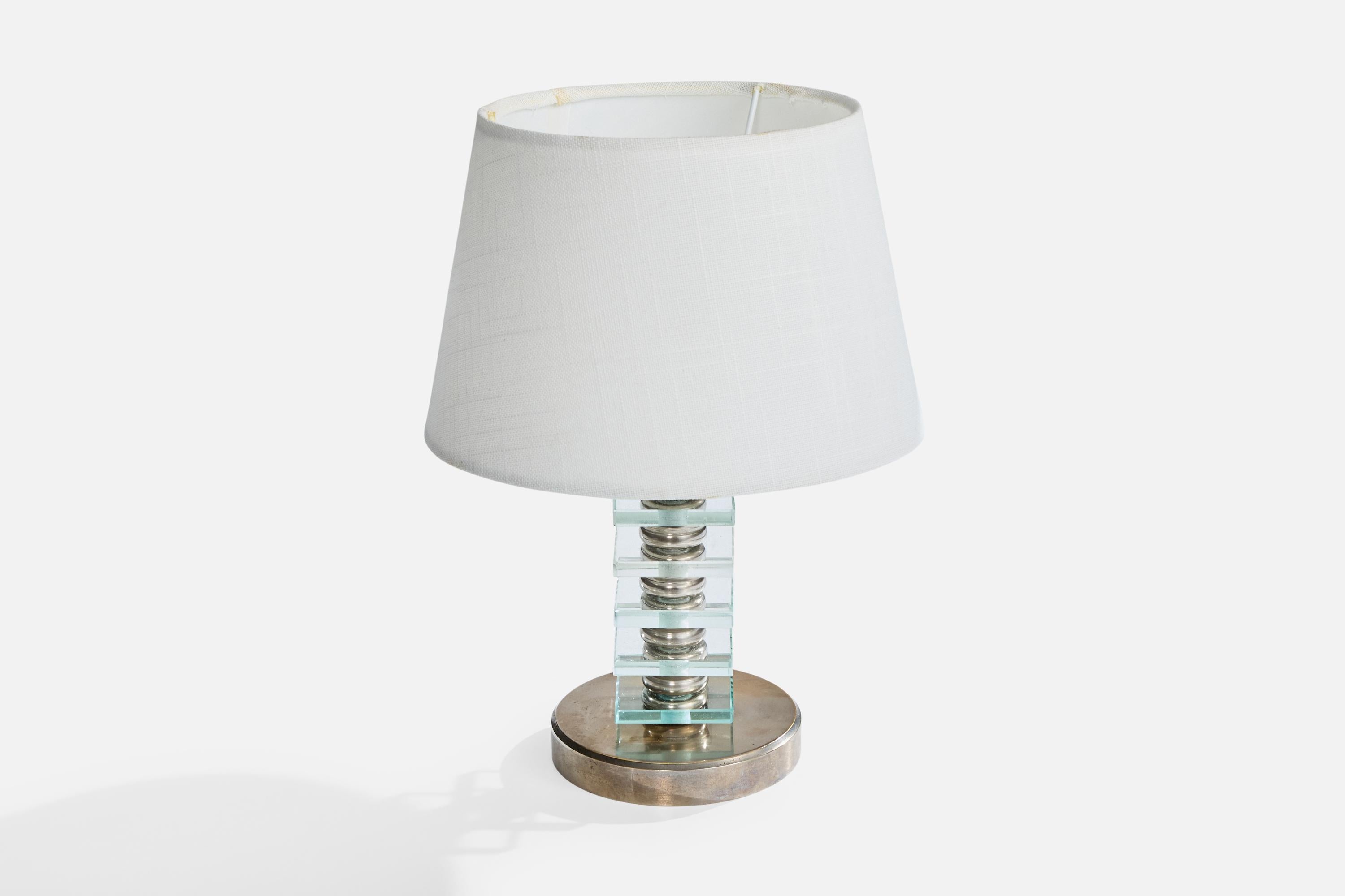 Französischer Designer, Tischlampe, Metall, Glas, Frankreich, 1950er Jahre (Moderne der Mitte des Jahrhunderts) im Angebot