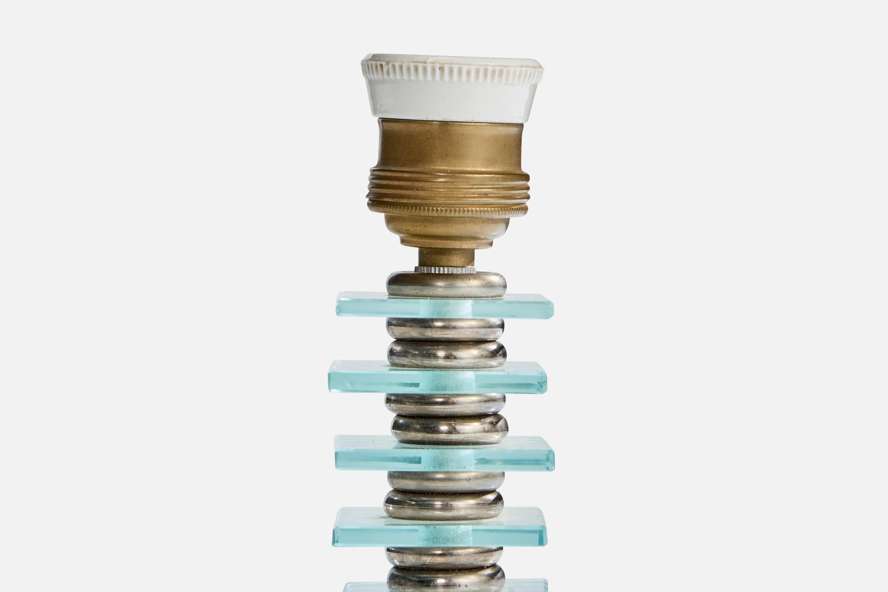 Französischer Designer, Tischlampe, Metall, Glas, Frankreich, 1950er Jahre (Mitte des 20. Jahrhunderts) im Angebot