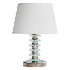 Französischer Designer, Tischlampe, Metall, Glas, Frankreich, 1950er Jahre